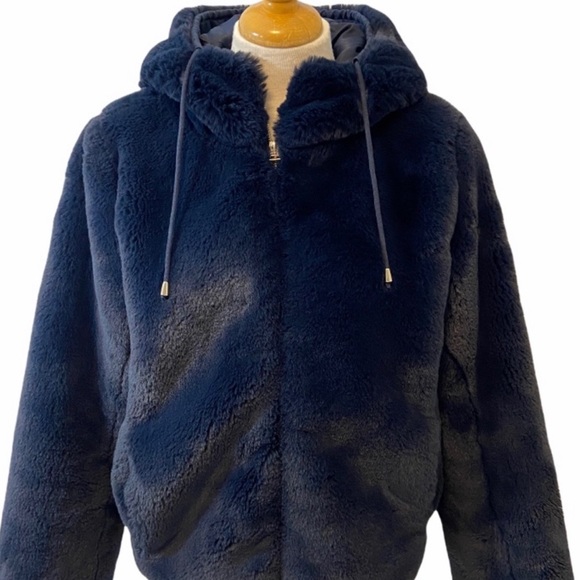 Maje Blue - Navy Faux Fur Hooded Bomber Style Jacket - Coat - Picture 9 of 9